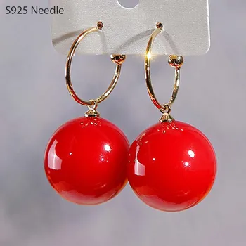 

Real 925 Sterling Silver Needle Hoop Earrings for Women Jewelry Gold Red Pearl Wedding Party Female Round Ball Earrings