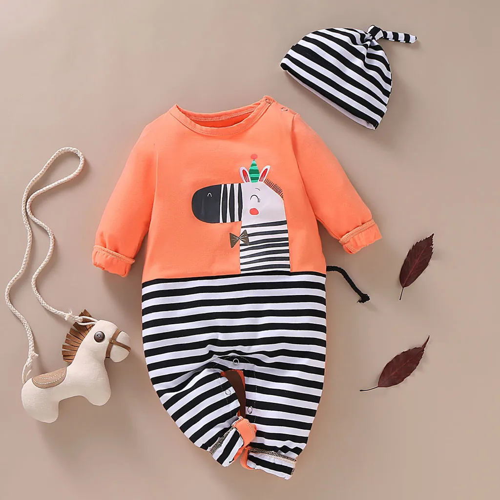 

Rompers 2019 Cartoon Full Sleeve Rompers For Newborn O-neck Pullover Jumpsuit +Hat 2pcs Baby New Born Baby Clothes Dropshipping