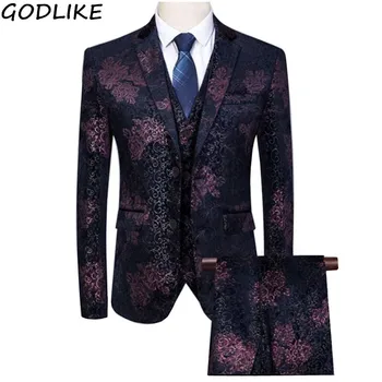 

( Jacket + Vest + Pants ) Slim Fit Floral Suits Sets For Men 2019 High Quality Prom Dress Mens Wedding Suits With Flower Designs