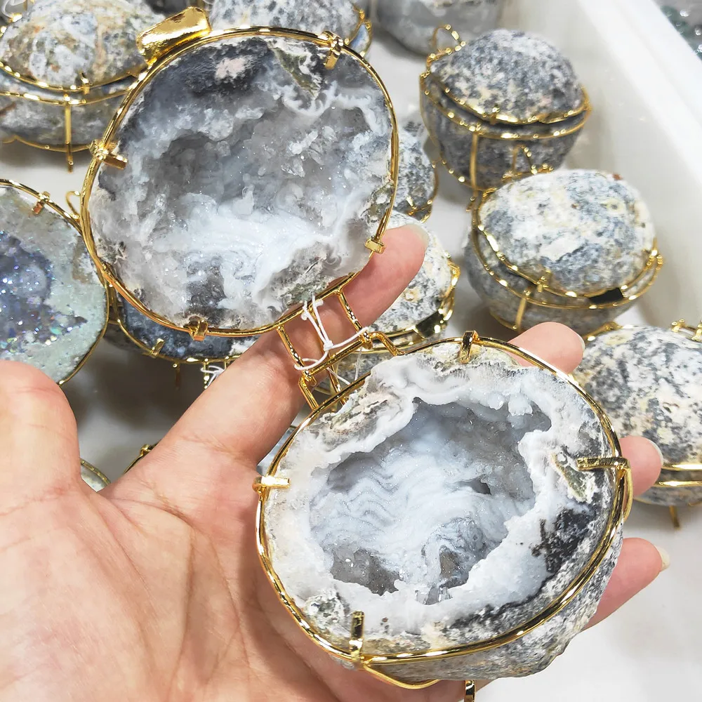 Natural Handmade Storage Agate Geode Necklace Rough Quartz Crystal Earring Rings Box Crystal Stone Women Jewelry Container 3