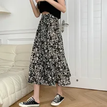 

Woman Clothes Floral Skirt Dress Korean Fashion Pleated Long Skirts Ruffle Elastic Waist Female Clothing Pencil Skirt Plus Size