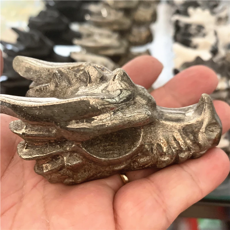 7cm High Quality Pyrite Crystal Handmade Carved Dragon Head Skull Polished Animal Powerful Statue for Home Decoration Gift 6