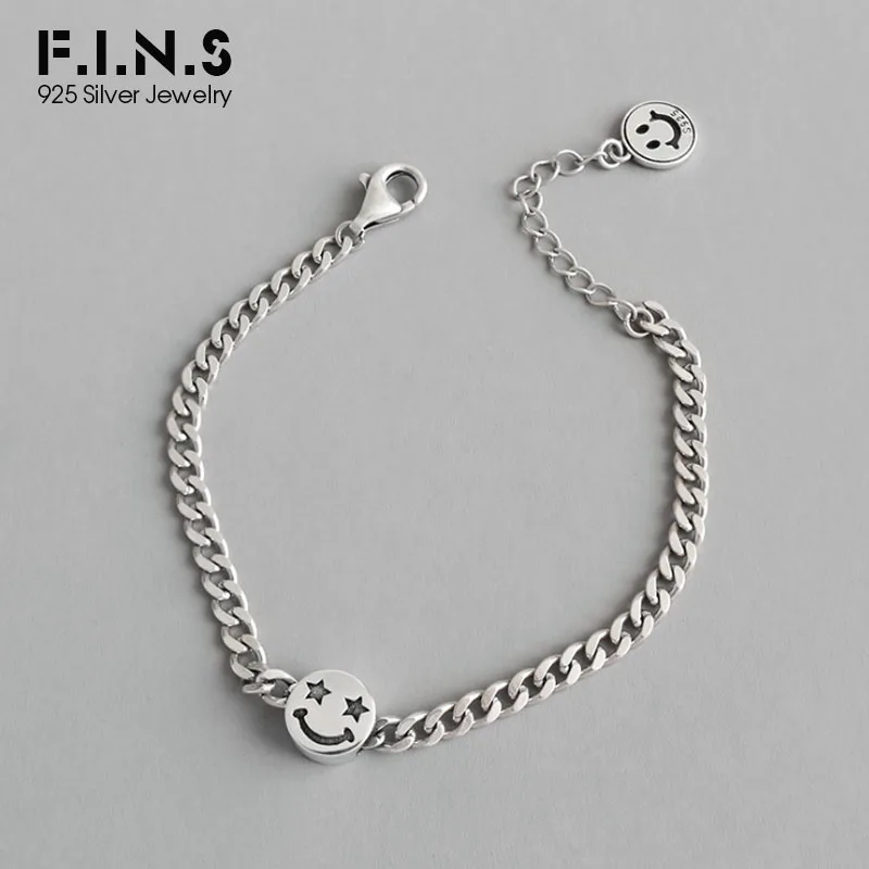 F.I.N.S корейский S925 Серебряный браслет ретро двухсторонняя смайлик цепочка со звездами браслет на руку женские украшения
