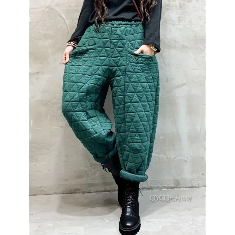 New Warm Harem Pants Casual Mom Plaid Trousers Snow Wear Cotton Thick Baggy Pant Elastic High Waist Sweatpants 2022 Winter