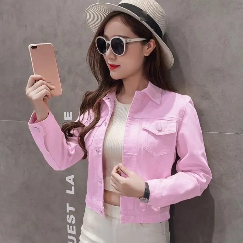 pink Модная Джинсовая куртка женская весна 2XL XL весна осень ручная щетка длинный рукав стрейч короткая джинсовая куртка Белый Розовый Пальто - Цвет: pink