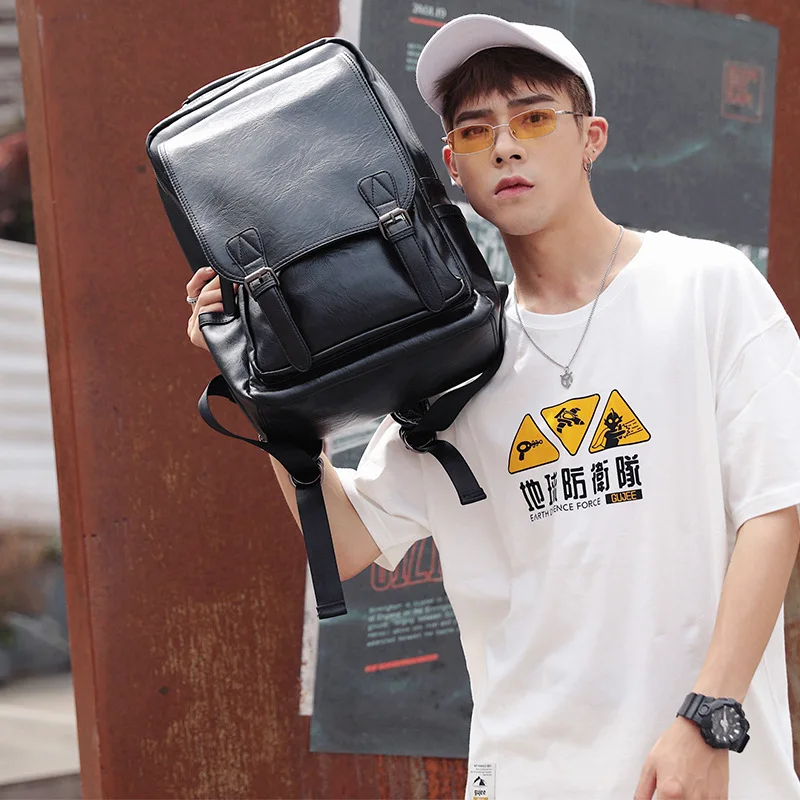 

Men's Korean version of leisure fashion youth pu leather double shoulder bag travel large capacity backpack instant sale