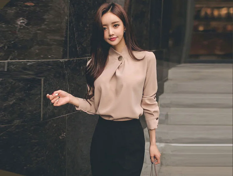 GALCAUR корейские белые женские рубашки с воротником-стойкой с длинным рукавом рубашки женские Осенние большие размеры Новые Модные женские OL стиль