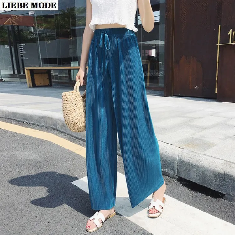 

Summer Women Wide Leg Pleated Palazzo Pants Ladies Chiffon Loose Wide Leg Pants Womens Elastic High Waist Culottes Trousers