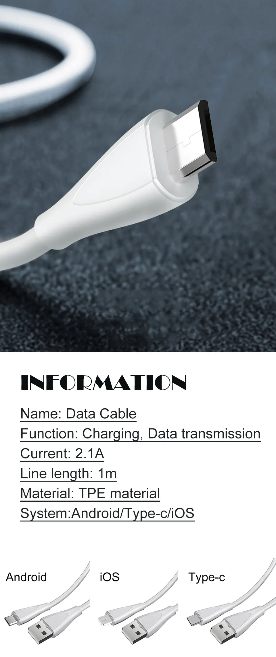 2.1A USB кабель для передачи данных 1 м Android iOS type-c Белый цвет Быстрая зарядка линии передачи данных зарядный кабель для мобильного телефона