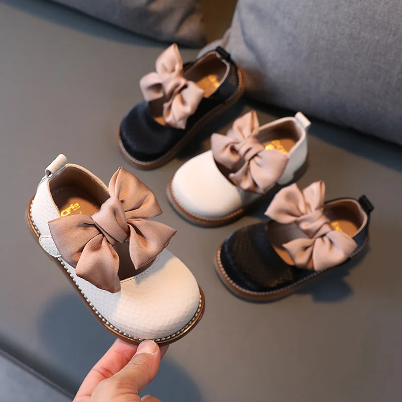 13.5-18.5cm Brand Children Solid Pure Shoes Girls Leather Shoes Lace Bow-knot Sweet Soft Princess Dress For Wedding