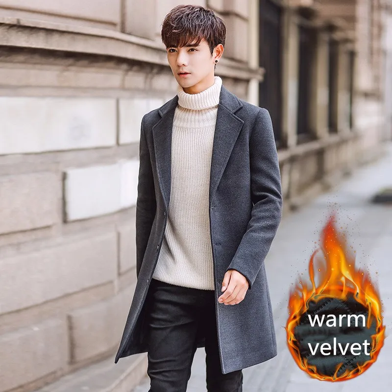 deep grey velvet Мужское зимнее теплое вельветовое длинное пальто, Мужская модная однобортная верхняя одежда, куртка с отложным воротником, длинные шерстяные пальто для мужчин - Цвет: deep grey velvet