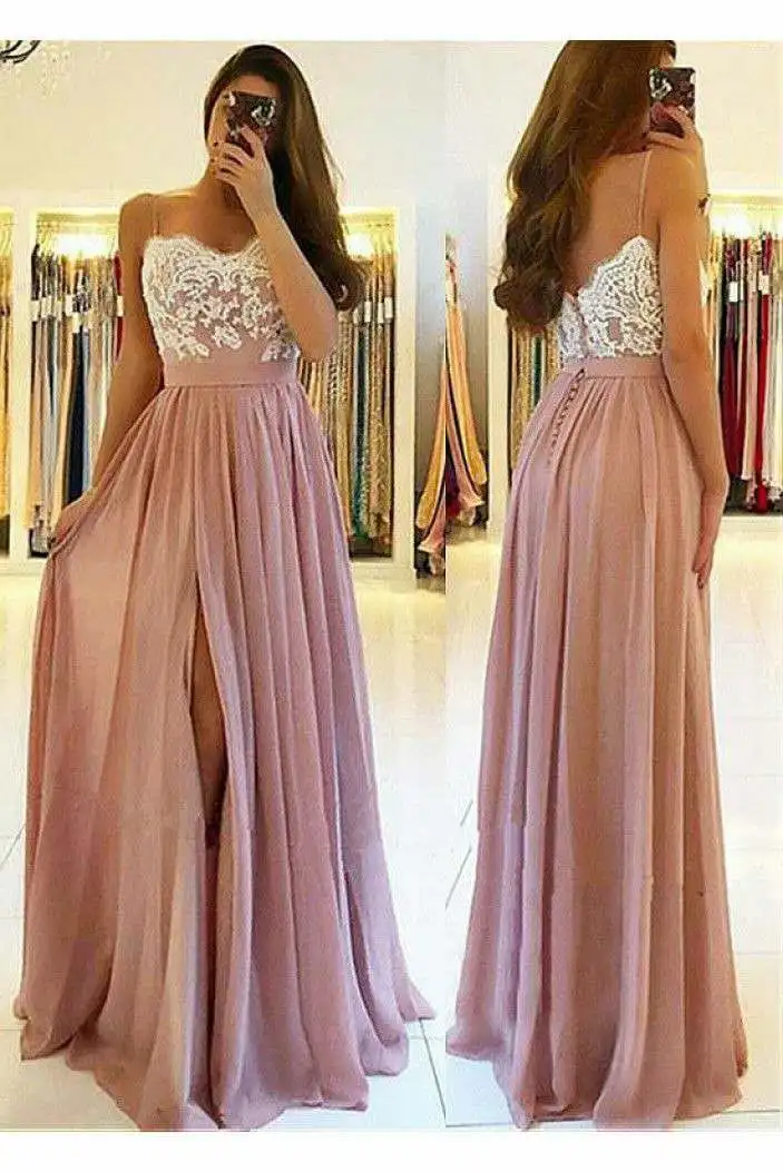 

Women's Long Dusty Rose Lace Prom Dresses with Side Slit Robe De Soiree A-Line Chiffon V-Neck Zipper Back Formal Party Dresses
