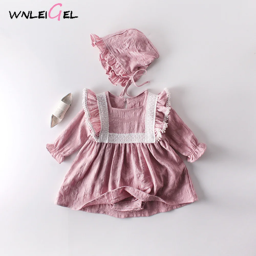 WLG baby girl spring autumn rompers toddler lace beige pink long sleeve ruffle romper baby cute casual clothes
