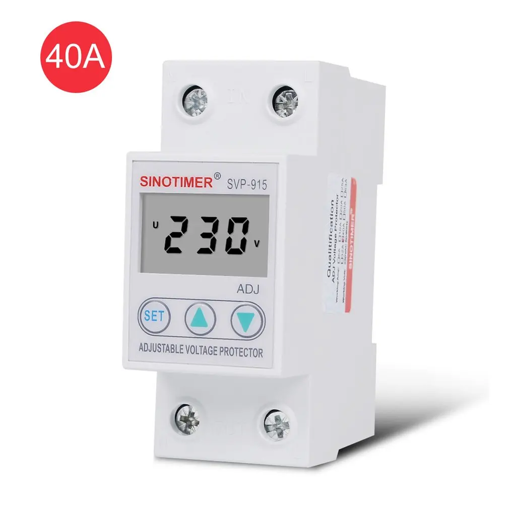 

SINOTIMER SVP-915 Voltage Protector 230V 40A/63A Adjustable Auto-recovery Under/Over Relay Breaker Protective Device With LCD