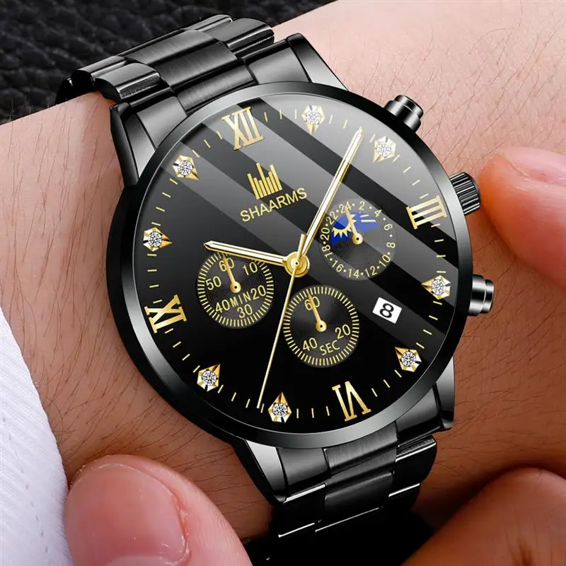 Shaarms Mens Watches Luxury Alloy Case Roman Numeral Display Date Dial Quartz Wristwatch Casual Business Watch Man Clock