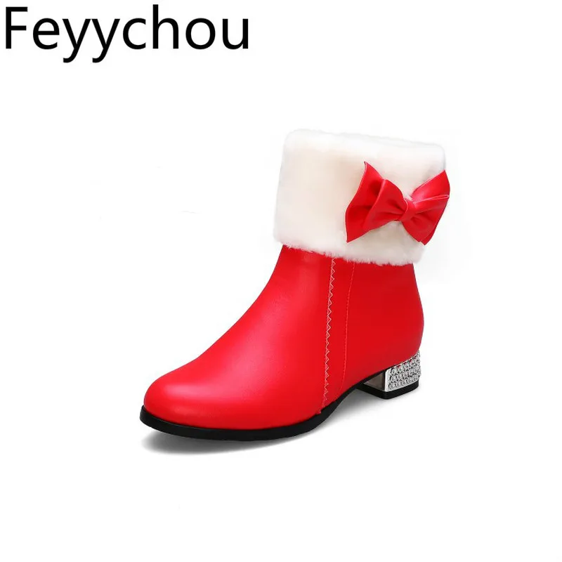 

Women Boots Autumn Winter Low Heel Warm Round Toe Faux Fur Pu Zip Snow Boots Butterfly-knot 2019 Sexy Sweet Fashion Red Plush
