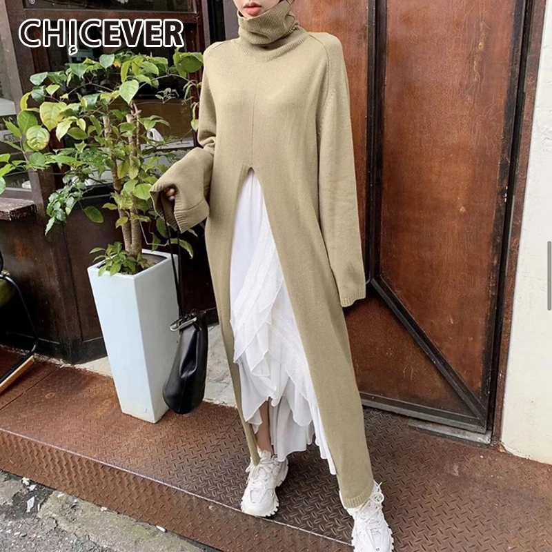 

CHICEVER Korean Casual Sweater For Women Turtleneck Long Sleeve Hem Side Split Warm Knitted Female Pullovers 2019 Autumn Clothes