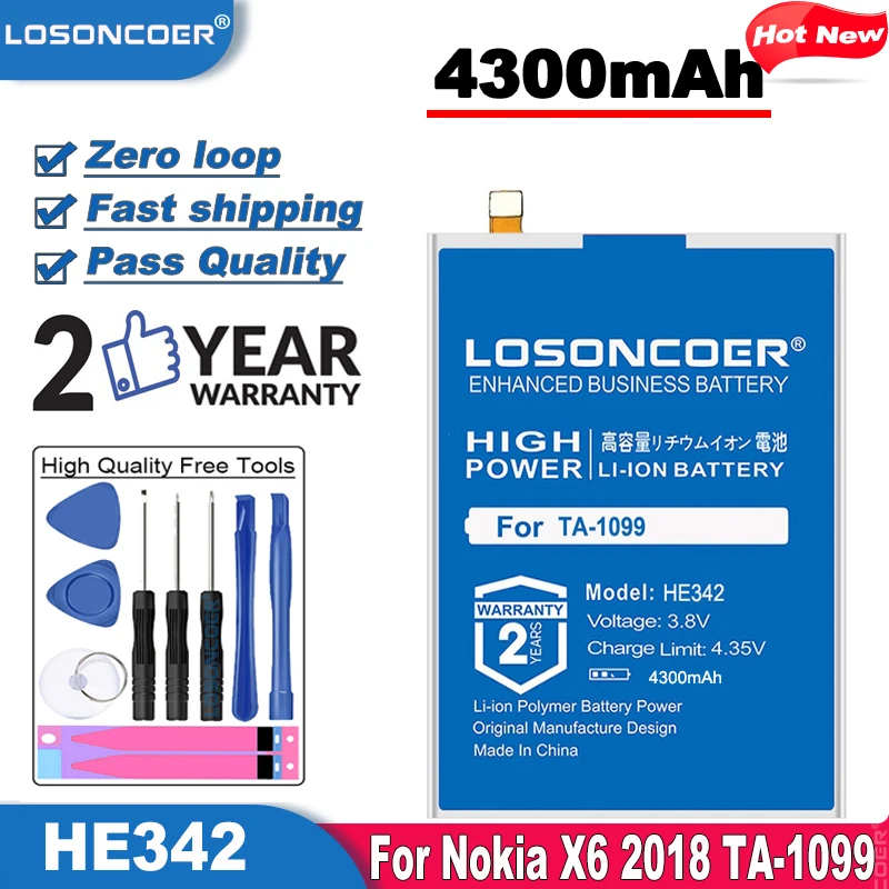 LOSONCOER 4300mAh HE 342 HE342 батареи для телефона Nokia X6 2018 6 1 Plus TA 1099 X5 1109 5 сменная