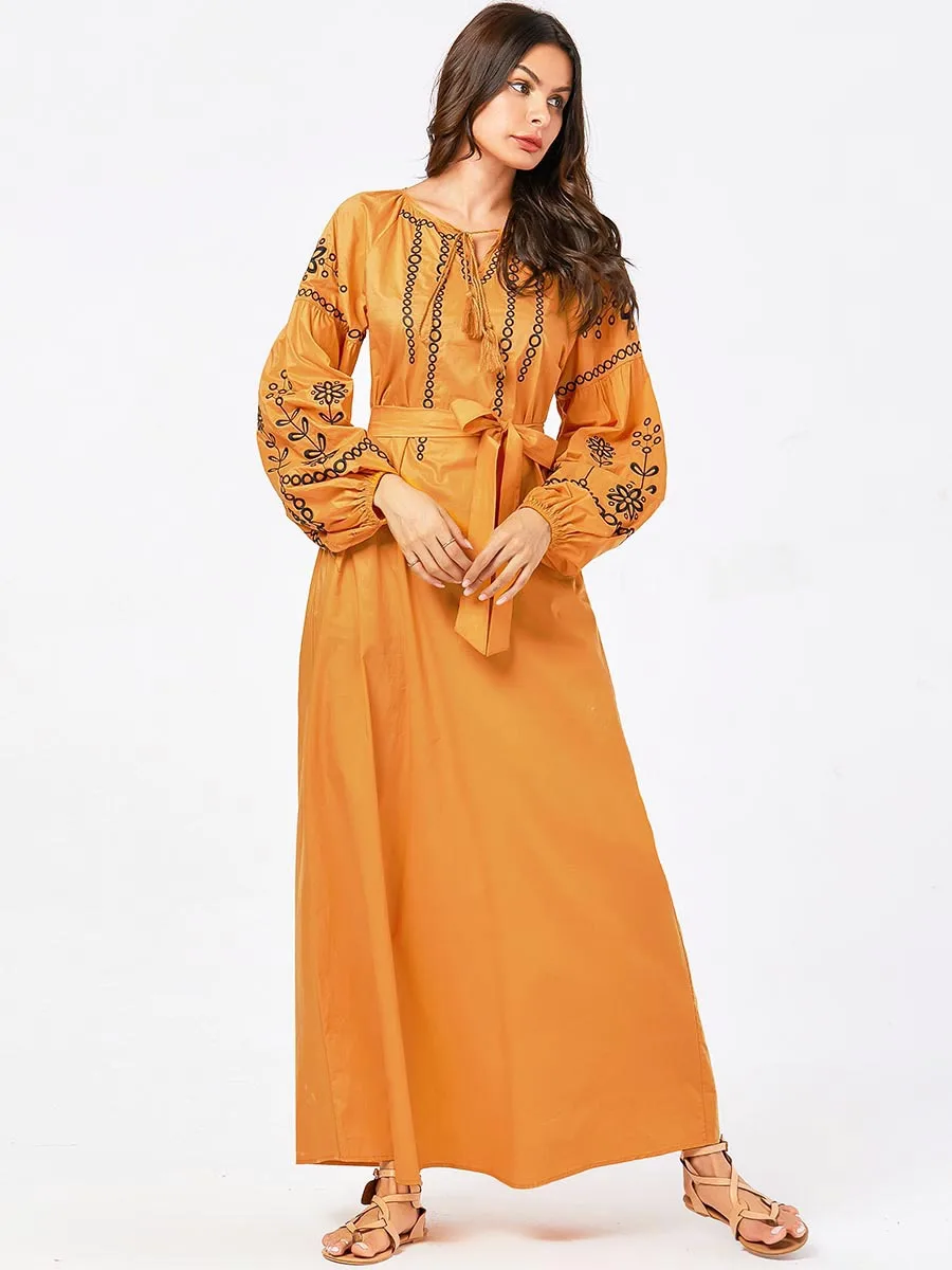 Новинка года; Модное детское платье для девочек; повседневное мусульманское платье с длинными рукавами; ярко-желтый пояс с вышивкой