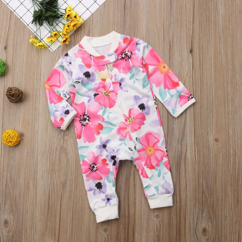 Pudcoco/комбинезоны для девочек от 0 до 24 месяцев; американский осенний хлопковый комбинезон на молнии; комбинезон для новорожденных с цветочным принтом; одежда для маленьких девочек