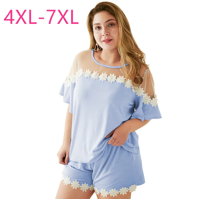 

New 2020 summer plus size short sleeve loose blue lace transparent shirt and shorts two piece leisure suit 4XL 5XL 6XL 7XL