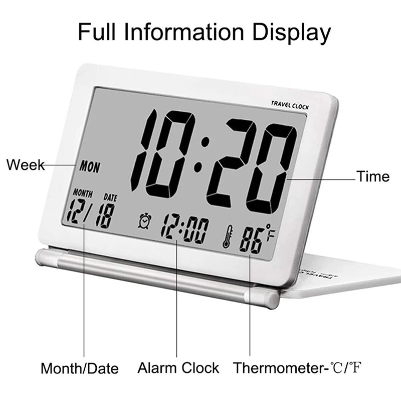  Travel Clock LED Digital Alarm Clocks Multifunction Silent Electronic LCD Large Screen Folding Desk