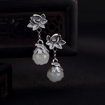 

Silver Natural Hetian Jade Lotus Eardrop Personality Chinese Wind Restoring Ancient Ways Women Fine Earrings Earrings