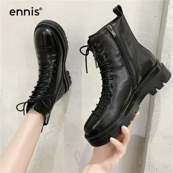 

ENNIS 2020 Black Lace Up Woman Boots Genuine Leather Ankle Boots Platform Martin Boots Thick Sole Autumn Winter Ladies Shoes A6A