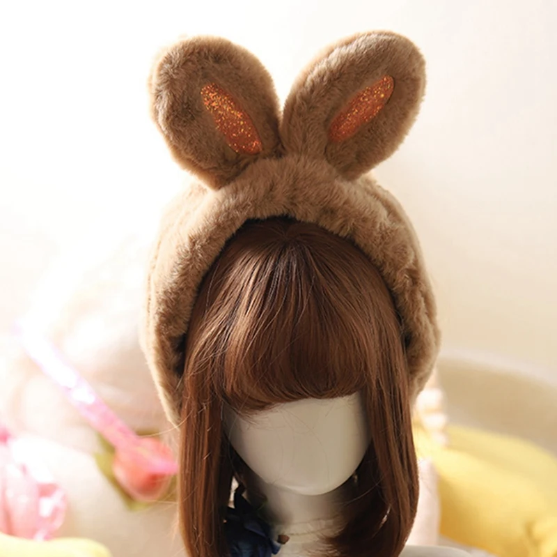 Rabbit dark khaki Лолита зимнее ухо теплые наушники Блестки Кролик кошка ухо муфты уха-лоскут оголовье - Цвет: Rabbit dark khaki