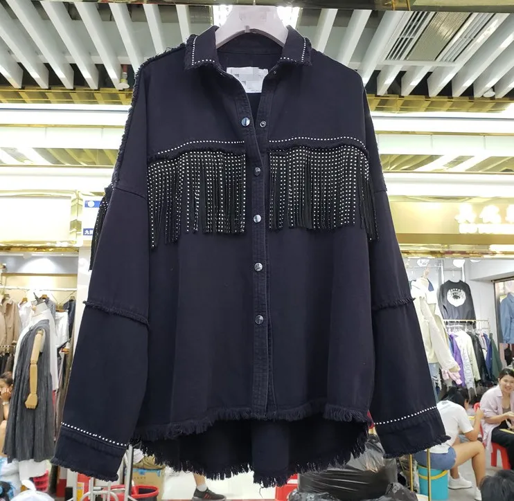

New Spring and Autumn Long Sleeve Fringe Denim Jacket Women's Loose Black Jeans Shirt Female Coats