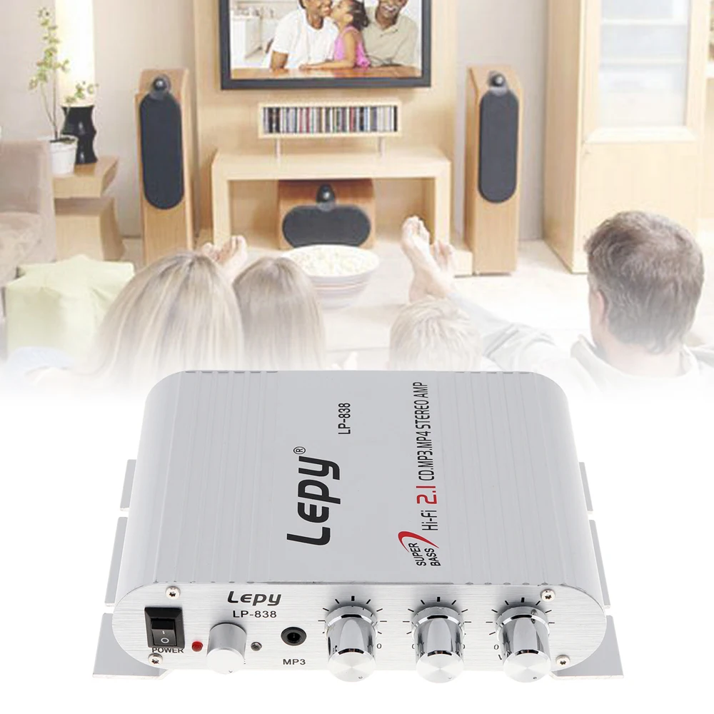 

Lepy LP-838 Power Car Amplifier Hi-Fi 2.1 MP3 Radio Audio Stereo Bass Speaker Booster Player for Motorbike Home No Power Plug