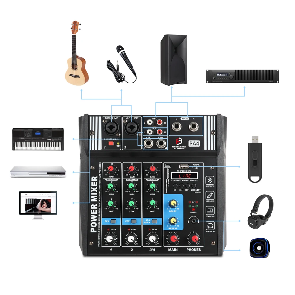 PA4 4 канала аудио микшер звук микшерный пульт с Bluetooth USB Запись 48 В Phantom power Monitor пути Встроенный усилитель мощности