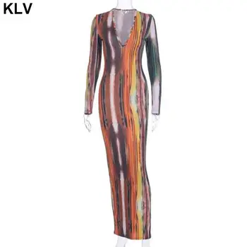 

2020 Sexy Spring Dress Women Long Sleeve Abstract Print Bodycon Party Dress Elegant V Neck Maxi Dress Ladies Vestidos