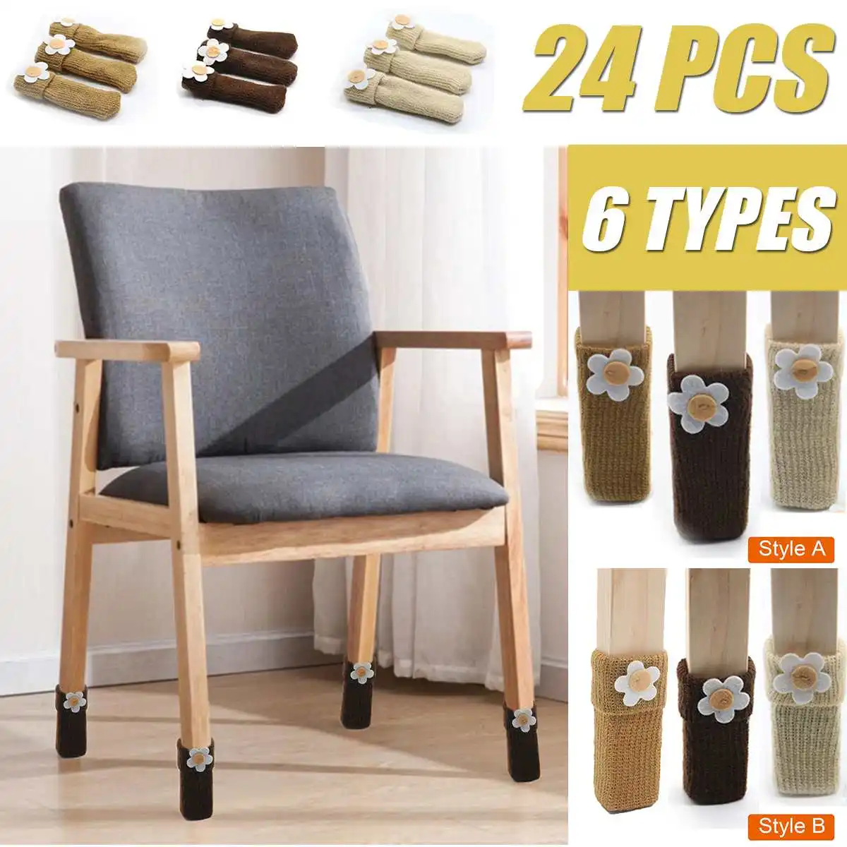 

24PCS Floral Chair Leg Socks Elastic Thick Bottom Furniture Booties Floor Protector Non-slip Table Legs Knitted Chair Feet Cover