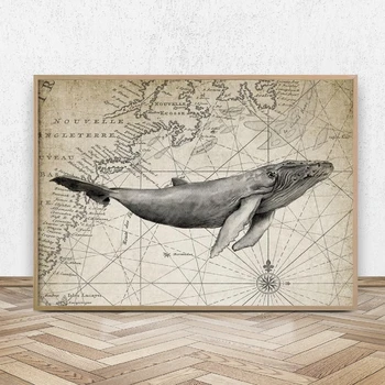 

Humpback Whale Watercolor Painting Upon Map Background Print Vintage Poster Canvas Prints Picture Bathroom Wall Art Decor