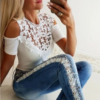 

Women Lace Patchwork T Shirts Ladies Short Sleeve Slim Tshirts Women Clothes 2020 Summer Off The Shoulder Tees