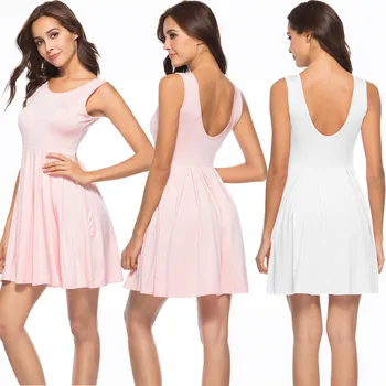 

Sexy Mini Dress Backless Pleated Princess Dress Crewneck Monochrome Sleeveless Dress Summer 2020 Women's Women Dress