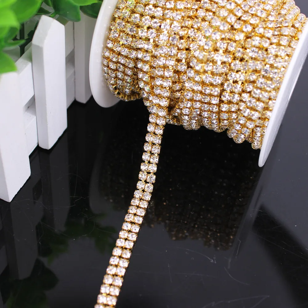 2 Row Gold Trim 5 Ярд/рулон 2/4 ряд горный хрусталь для отделки, Аппликации Стразы с кристаллами, отделка цепи, прозрачное закрытие цепи, лента для торта, костюм, платье - Цвет: 2 Row Gold Trim