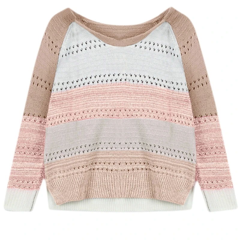 

Women Raglan Long Sleeve Sweater O-Neck Color Block Striped Knitted Jumper Tops