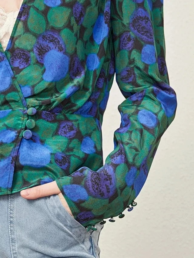 Женские топы и блузки, элегантные, с длинным рукавом, синий, зеленый, с принтом, шелковые, v-образный вырез, блузка, рубашка для женщин