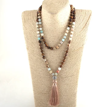 Fashion Bohemian Tribal Jewelry 108 Beads Necklace 8MM Natural Stone Tassel Yoga Necklace For Women Lariat Necklaces