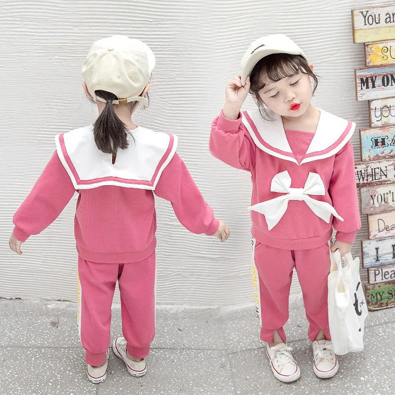 

Childrenswear Spring New Products 2020 Medium-small Girls INS Navy Collar Two-Piece Set Baby Set