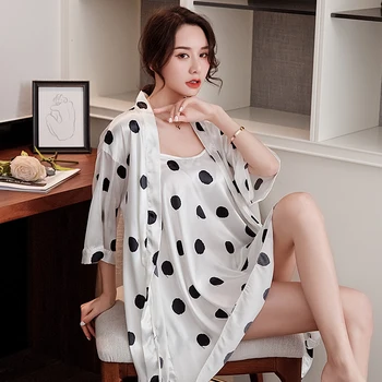 

Casual Women Nightgown Satin Nightdress 2PCS Sleepwear Print Dot Nighty&Robe Suit Silky Kimono Bathrobe Gown Intimate Lingerie