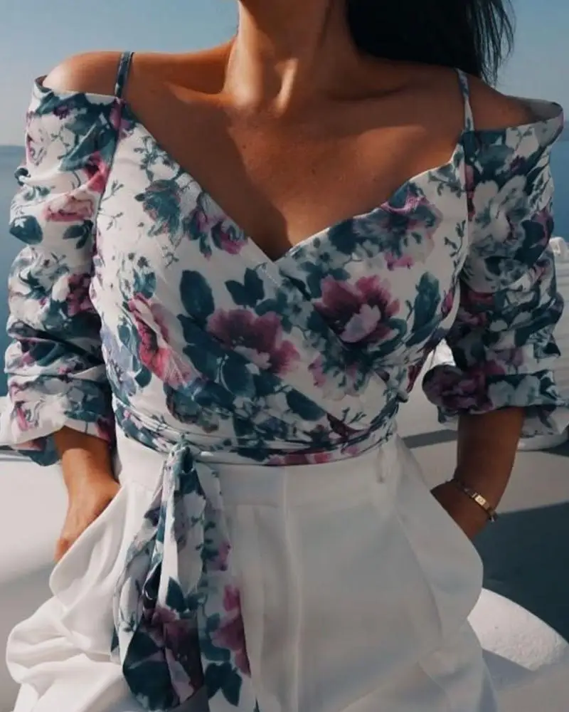 Осенняя женская элегантная повседневная рубашка женская Стильная мода отдых, Досуг Топ цветочный Печатный холодный фиксатор для плеча блузка