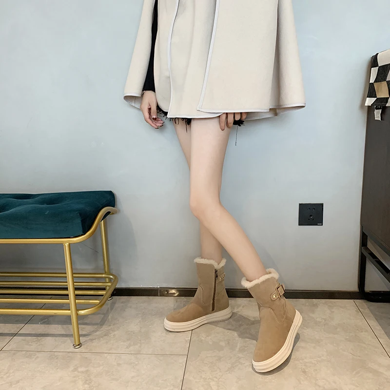 Fashion Mid-Calf Boots Women Winter Keep Warm Plus Velvet Short Boots Ladies Waterproof Women Shoes Belt Buckle Decoration