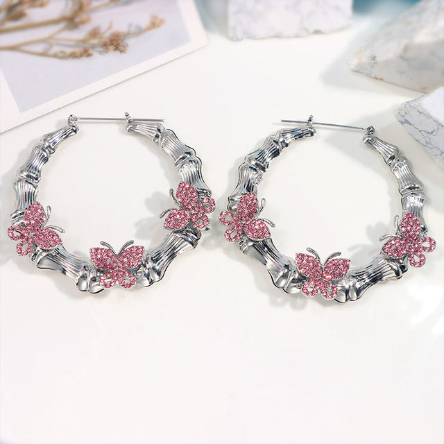 Shiny Crystal Butterfly Charms Bamboo Hoop Earring for Women Girls Personality Bamboo Style Design Dangel Earring Jewellery