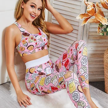 

A set of two women's yoga clothes with floral print, bra + trousers, sports pants, tights for yoga training, sports clothes