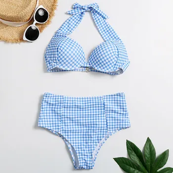 

Women's Swimsuit Women Fashion Sexy Lattice Print Button Bandage Swimsuit Set Split Bathing Suit kупальник 2020 mujer #F