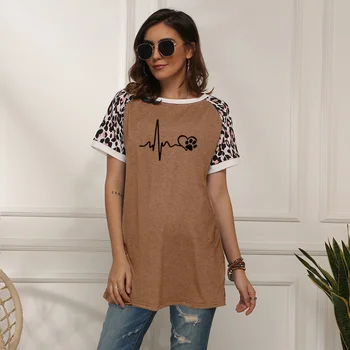 

Fashion Heartbeat Lifeline And Paw Cat Dog Heart love print Women tshirt Summer Casual graphic t shirts Leopard sleeve funny Top