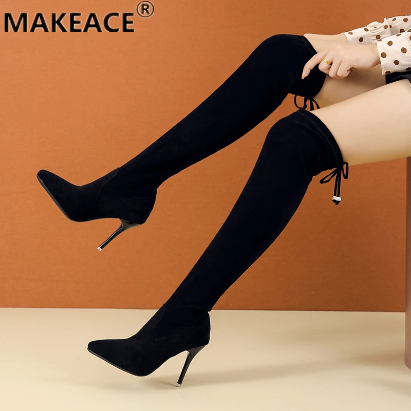 Женские ботинки Размеры 35-44 высота бедра модные теплые зимние на высоком каблуке